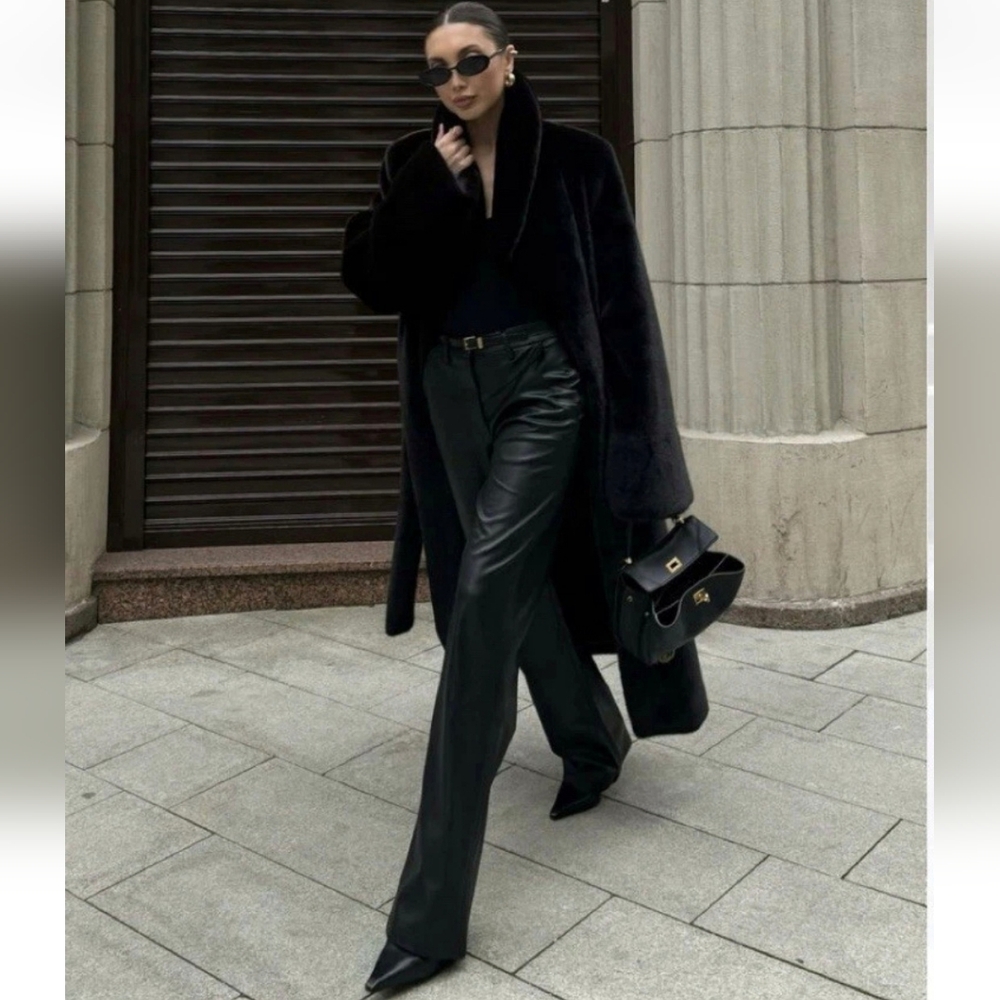 ZARA FAUX LEATHER WIDE PANTS BLACK SIZE M